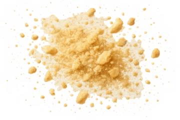 Cracker crumbs scattering over transparent background, broken biscuit pieces exploding, flour powder particles crumbling