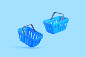 Fototapeta premium Two 3D Blue Shopping Baskets Floating on Light Blue Background