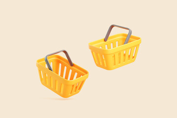 Two yellow plastic shopping baskets isolated on beige background, 3D render