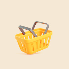 3D Yellow Shopping Basket with Gray Handles on Beige Background