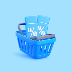3D blue shopping basket with percent discount coupons on blue background