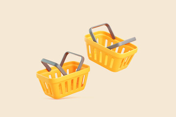 Two yellow shopping baskets isolated on beige background, 3D illustration