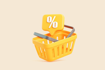 Yellow Shopping Basket with Percent Discount Icon on Beige Background