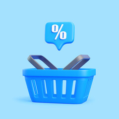 Blue Shopping Basket with Floating Discount Icon