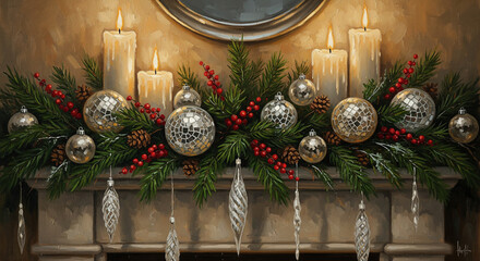 Cozy Christmas fireplace mantel decorated with lush evergreen garland, silver ornaments, red berries, pinecones and glowing candles. Warm, elegant holiday home decor in classic oil painting style