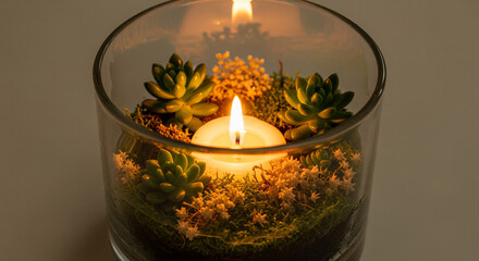 Cozy glass terrarium with live succulents, moss and a glowing candle inside. Warm candlelight illuminates green plants creating a relaxing zen atmosphere. Perfect for home decor, wellness