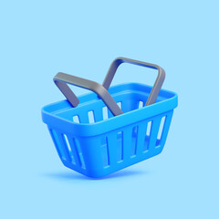 3D blue shopping basket isolated on light blue background