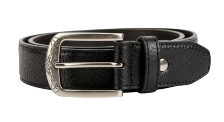 Black leather belt with metal buckle isolated PNG with Transparent Background