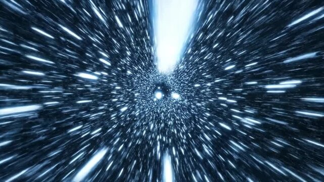 Flying through a futuristic hyperspace tunnel at light speed. Seamless animation of star streaks representing space travel. Abstract sci-fi wormhole background