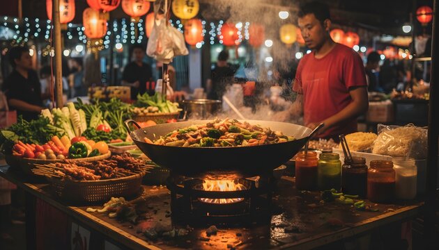 Chef Expertly Cooks Delicious Asian Cuisine in a Fiery Wok at a Vibrant Night Market Food Stall Under Festive Lanterns