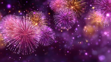 Fototapeta premium A dazzling display of vibrant purple pink and gold fireworks bursts across a dark night sky illuminated by scattered glowing particles and soft bokeh lights evoking a sense of celeb n and wonder