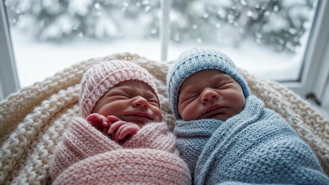 Newborn twin babies sleeping by a window on a snowy day. Adorable baby boy and girl swaddled in cozy blue and pink blankets. New life and family concept