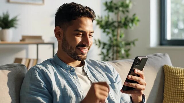 Young man smiling while using a smartphone at home. Happy person browsing social media on a mobile phone sitting on the sofa. Digital communication and technology concept