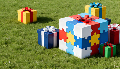 Pile of wrapped gifts shaped like a giant cube puzzle. Minimal geometric design.