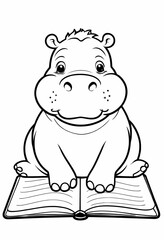 Cute hippo writing in a notebook preschool coloring page