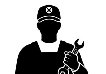 Skilled mechanic silhouette holding wrench ready to fix anything, professional tradesman for construction, plumbing, engineering service promotions now