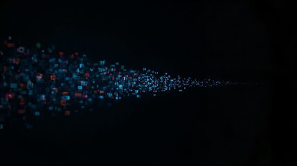 An abstract digital data stream on a black background, with glowing elements of different shapes and sizes