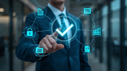 a businessman's hand interacting with a glowing user interface representing data security and validation. The image conveys themes of digital safety and information verification