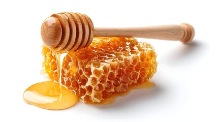 Close up of a wooden honey dipper and a glistening honeycomb showing viscous golden honey dripping in ro detail against a clean white surface