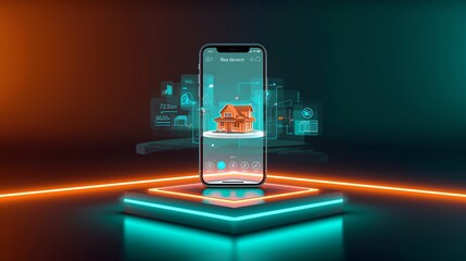 futuristic concept of a smart phone displaying a virtual house on a stage surrounded by an abstract lights. The scene is illuminated with a modern aesthetic.