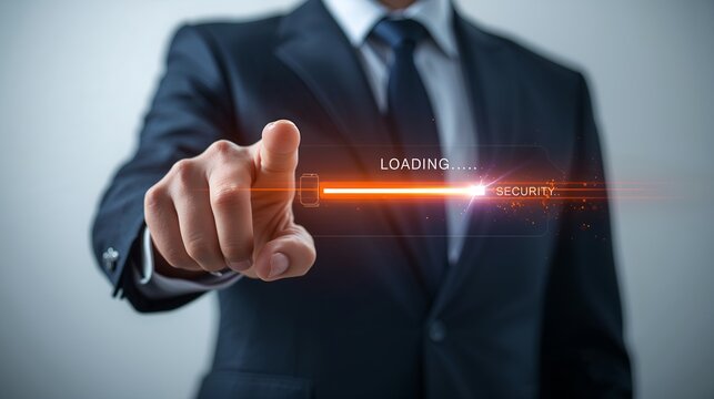 a businessman in a suit pointing at an illuminated loading bar, representing progress or waiting. The image uses concepts of technology and anticipation - Powered by Adobe