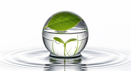 small green seedling growing inside clear water globe for environmental protection campaigns, ecological blogs, science articles, cosmetic packaging, and natural product promotion