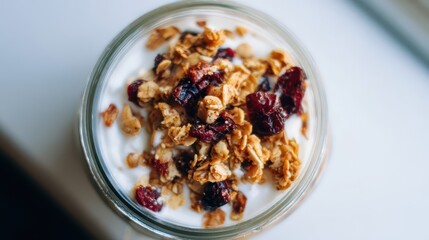 Yogurt parfait with granola and dried cranberries.