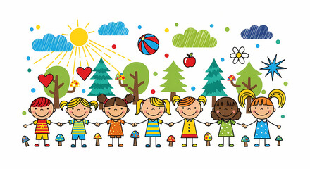Obraz premium Diverse Group of Children Holding Hands in a Colorful Cartoon Illustration.
