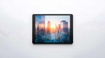 A tablet displays a cityscape with high-rise buildings illuminated by a setting sun, symbolizing progress and innovation
