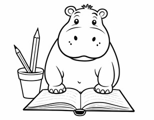 Cute hippo writing in a notebook preschool coloring page
