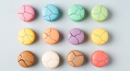 Top-down view of twelve colorful cracked macarons arranged in a neat grid on a pale blue background.