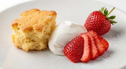 A delightful serving of a golden-brown scone with fresh whipped cream and sliced strawberries on a white plate.