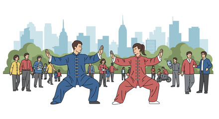 Dynamic duo practice Tai Chi in urban park, inspiring serene mindfulness amidst bustling city life and diverse onlookers