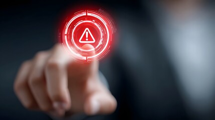 A finger poised to touch a luminous red digital interface with a prominent warning symbol representing alerts critical notifications or system status