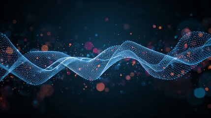 An artistic image of a data wave, representing the digital world and technology, with glowing particles floating around