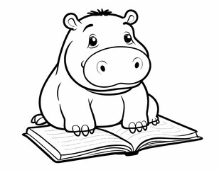 Cute hippo writing in a notebook preschool coloring page