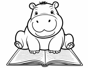 Cute hippo writing in a notebook preschool coloring page