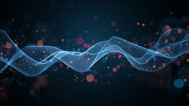 An artistic image of a data wave, representing the digital world and technology, with glowing particles floating around