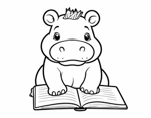Cute hippo writing in a notebook preschool coloring page