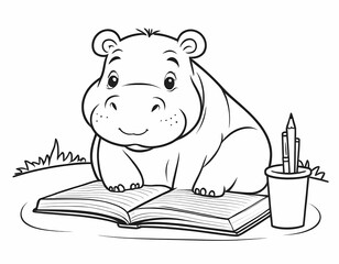 Cute hippo writing in a notebook preschool coloring page