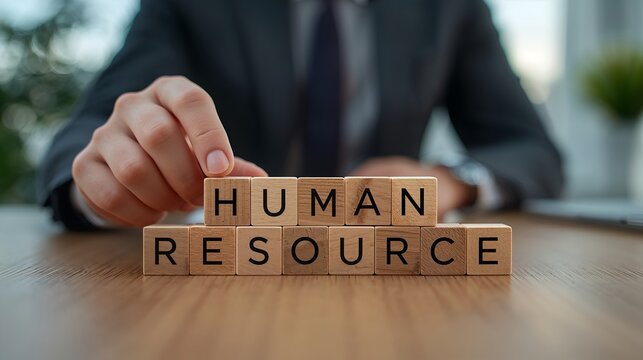 human resource message shown with hand placing blocks on table - Powered by Adobe