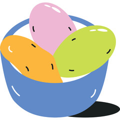 A Blue Bowl Filled With Colorful Oval Shapes Representing Fruits Or Candies With A Transparent Background