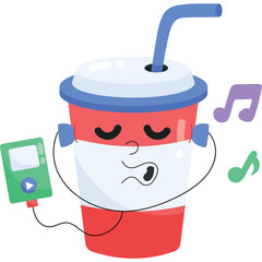 A Cartoon Red And White Cup With A Blue Lid And Straw Is Listening To Music With Eyes Closed And A Green Music Player And Colorful Musical Notes Floating Around On A Transparent Background