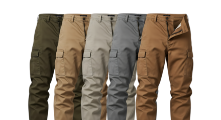 Five pairs of men's cargo pants in olive green tan light gray dark gray and brown isolated on a transparent background