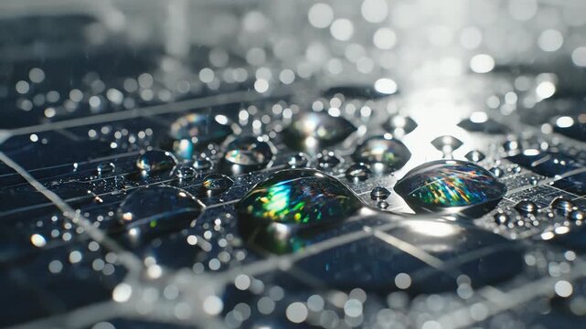 Water droplets on solar panel surface with light reflections