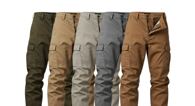 Five pairs of men's cargo pants in olive green tan light gray dark gray and brown isolated on a transparent background