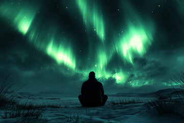 Person on Snowy Mountain Watching Merry Dancers Mesmerizing Northern Lights in Arctic Sky, Generative AI
