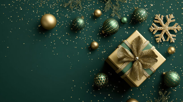 Festive gift box and ornaments: A beautifully arranged gift box adorned with a delicate ribbon and surrounded by shimmering ornaments, creating a sense of joy and anticipation.