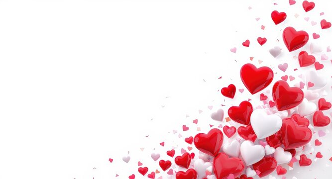 Red and White Heart Shapes Floating with Confetti on White Background for Love and Romance Theme