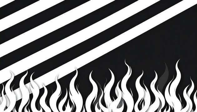Graphic black and white diagonal stripes contrasted against a dark background with stylized white flames at the base
